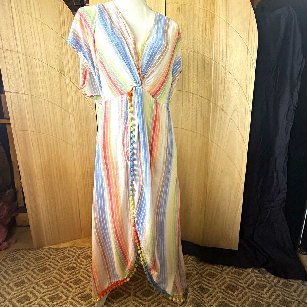 America & Beyond Rainbow Stripe Pom Pom Dress Swim Cover Up XL Boho Festival